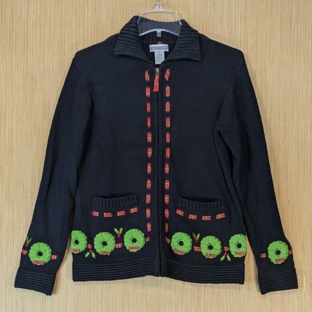 Investments Women Vintage Y2K Christmas Wreath Cardigan Sweater Size S Plaid New